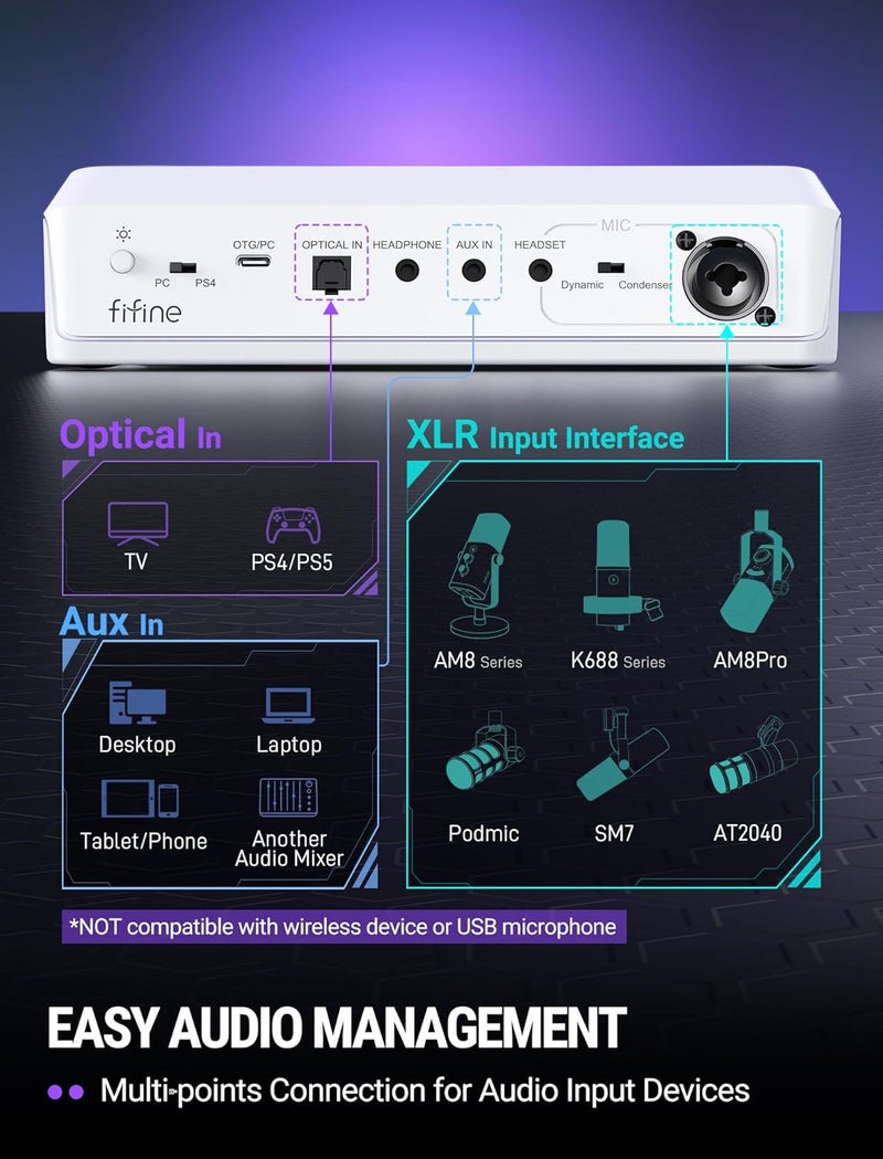 FIFINE خلاط صوتي للألعاب مع صوت محيطي 7.1 قناة - زر التحكم في الصوت - كتم الصوت - دردشة صوتية، خلاط كمبيوتر RGB مع واجهة ميكروفون XLR متوافق مع التلفاز للبث المباشر - AmpliGame SC8W - Image 4
